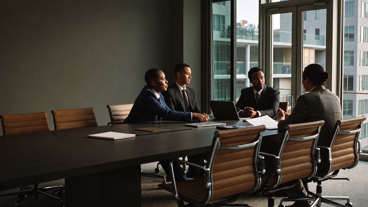 Four people in business attire in discussion at a long conference table with laptops and papers, beside tall windows overlooking city buildings.