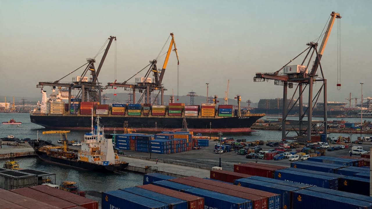 A container ship alongside quay cranes at a busy port, with stacked shipping containers in the foreground.