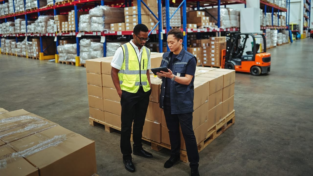 Two people reviewing a tablet beside a pallet of packed cartons in a warehouse, with racking and a forklift behind them.